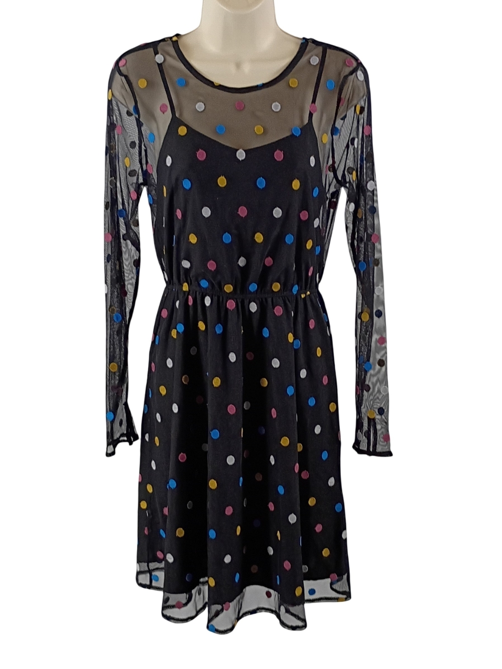 Modcloth Black Mesh Midi Dress with Multicolor Polka Dots
